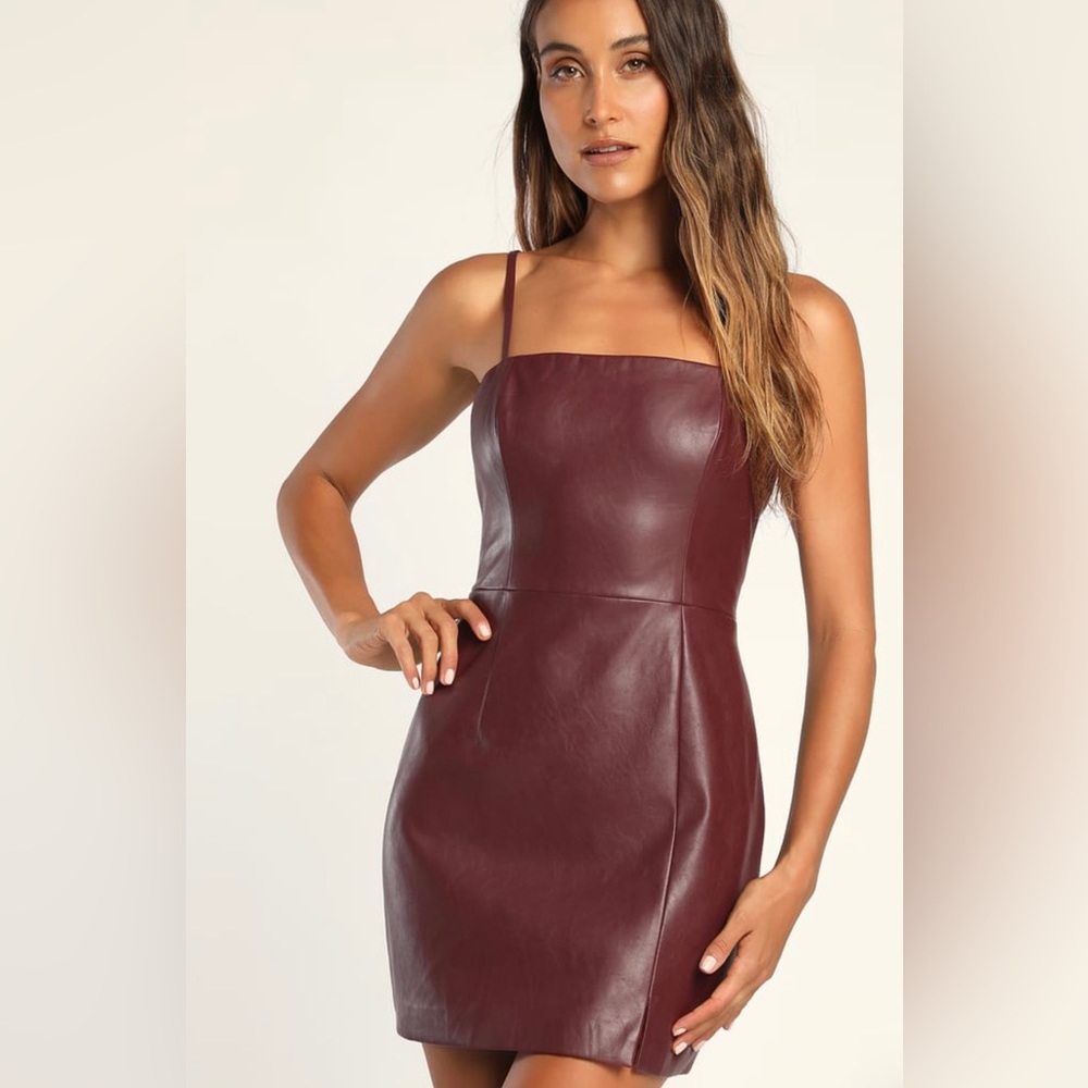Lulus - Flirty Pretty Thing Burgundy Vegan
Leather Bodycon Mini Dress